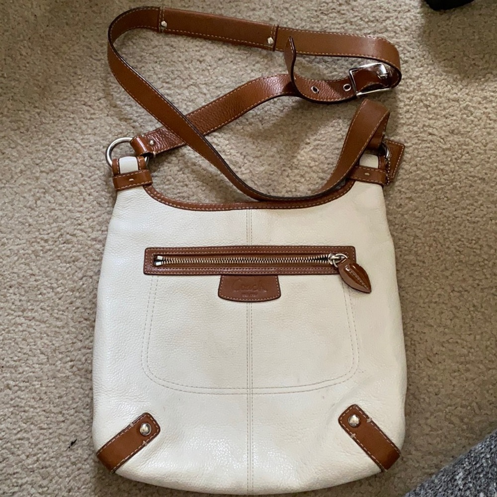White and brown leather coach purse crossbody